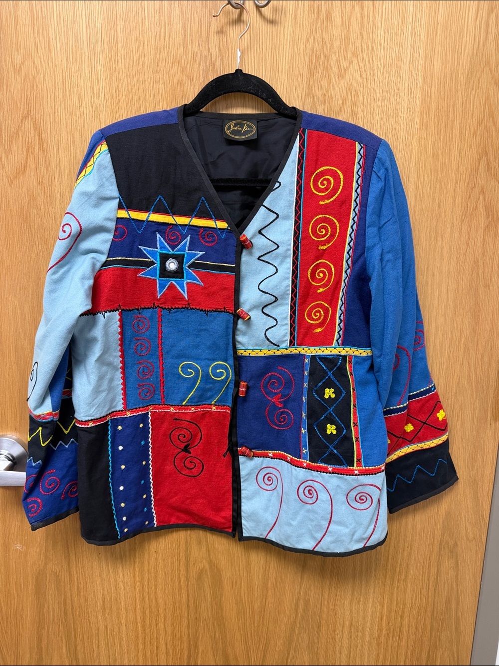 Julia Kim Vintage 90s Patchwork Embroidered Blazer Jacket - Multicolor Blue/Red